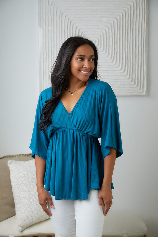 Storied Moments Draped Peplum Top in Teal - White Birch