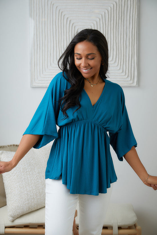 Storied Moments Draped Peplum Top in Teal - White Birch