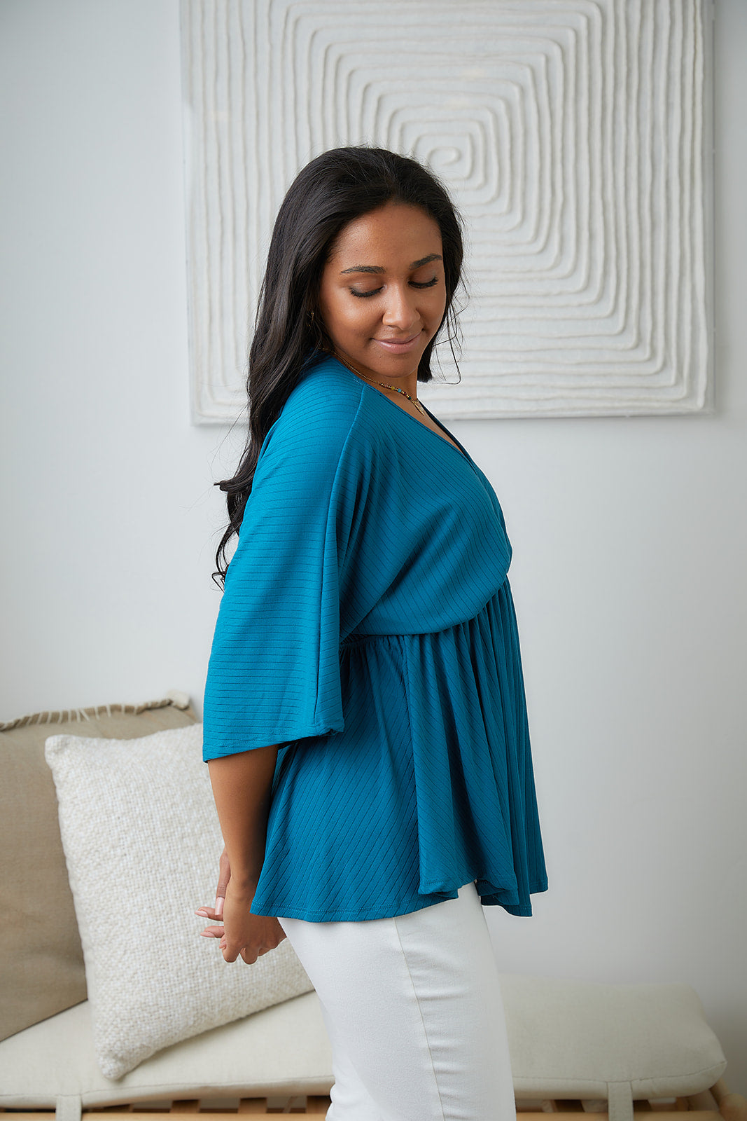 Storied Moments Draped Peplum Top in Teal - White Birch