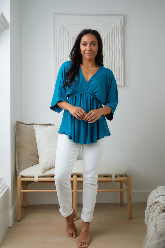 Storied Moments Draped Peplum Top in Teal - White Birch