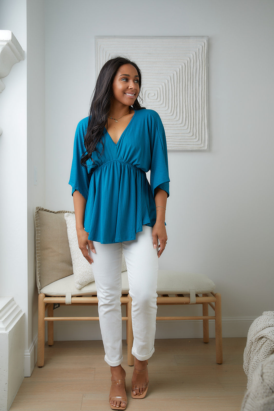 Storied Moments Draped Peplum Top in Teal - White Birch