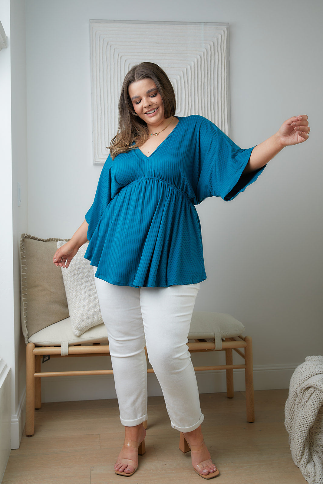 Storied Moments Draped Peplum Top in Teal - White Birch