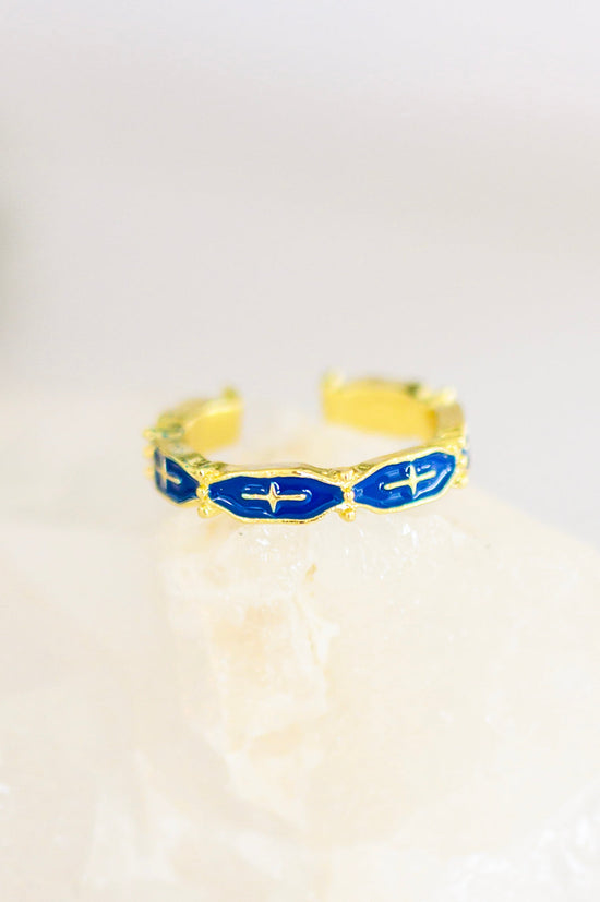 Mariana Hand Crafted Blue Cross Ring - 18K Gold