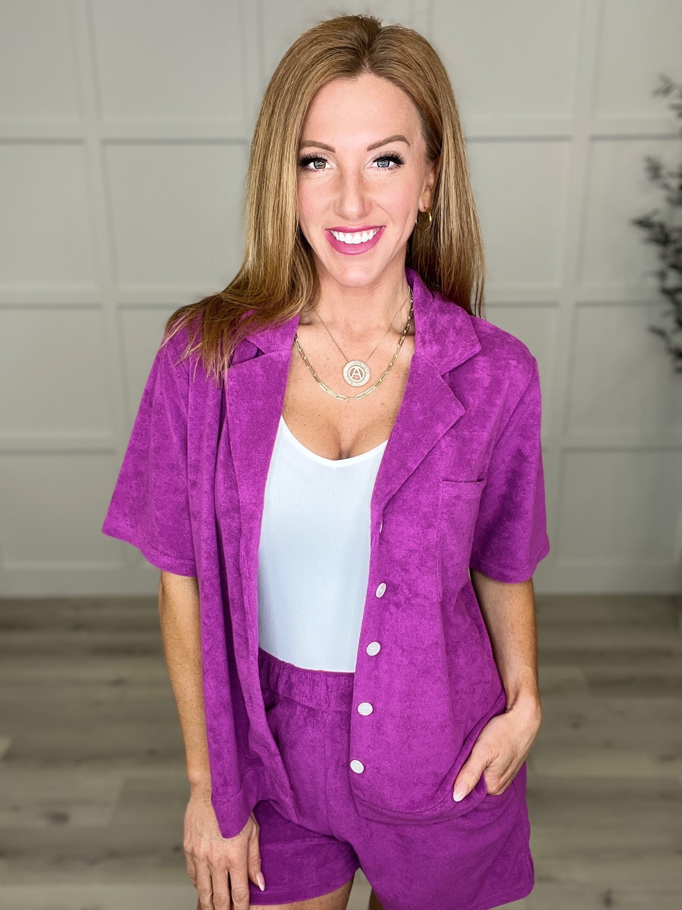 French Terry Button Down Top - Magenta or Navy