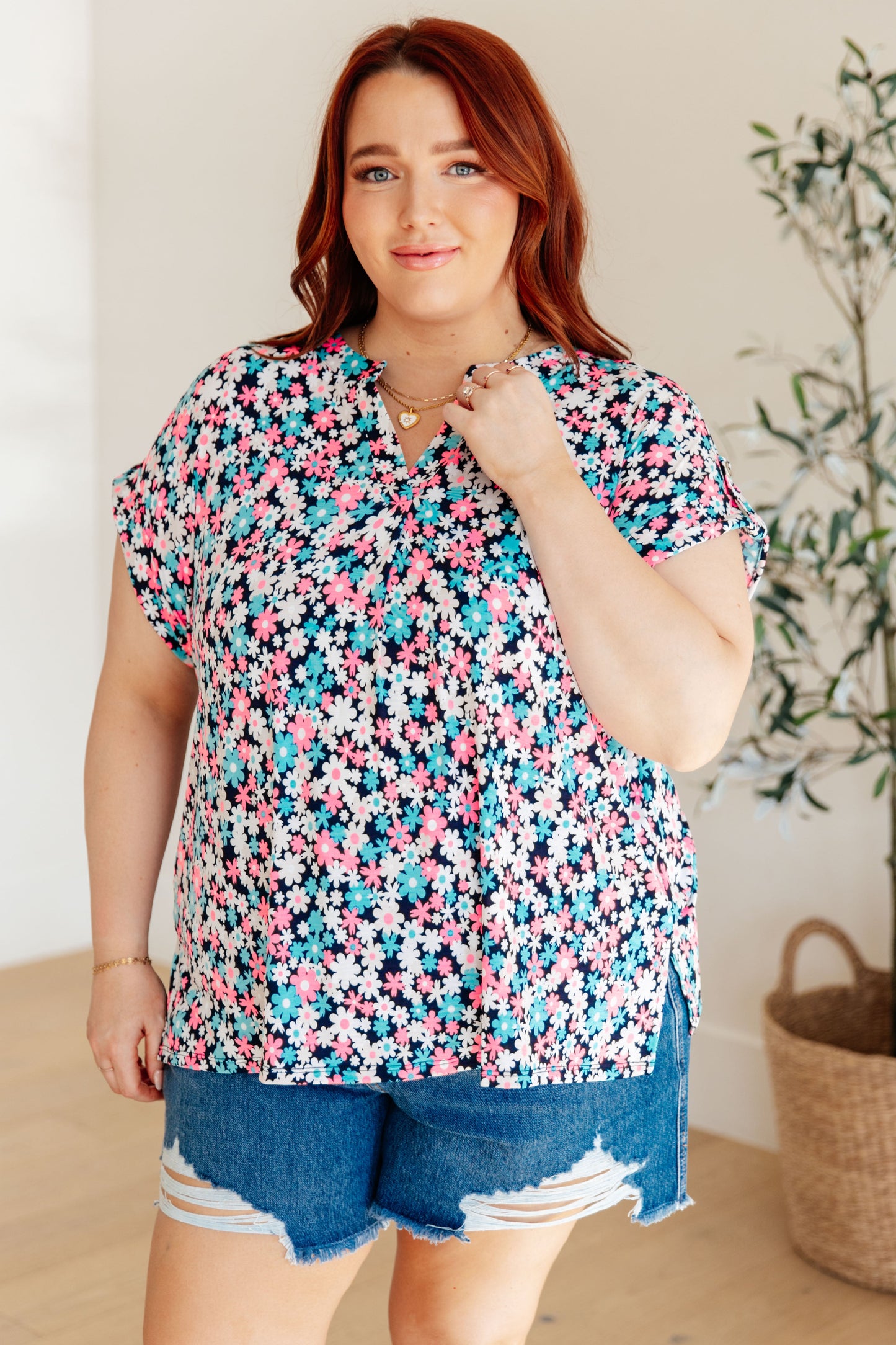 Lizzy Cap Sleeve Top in Navy and Hot Pink Floral - Dear Scarlett