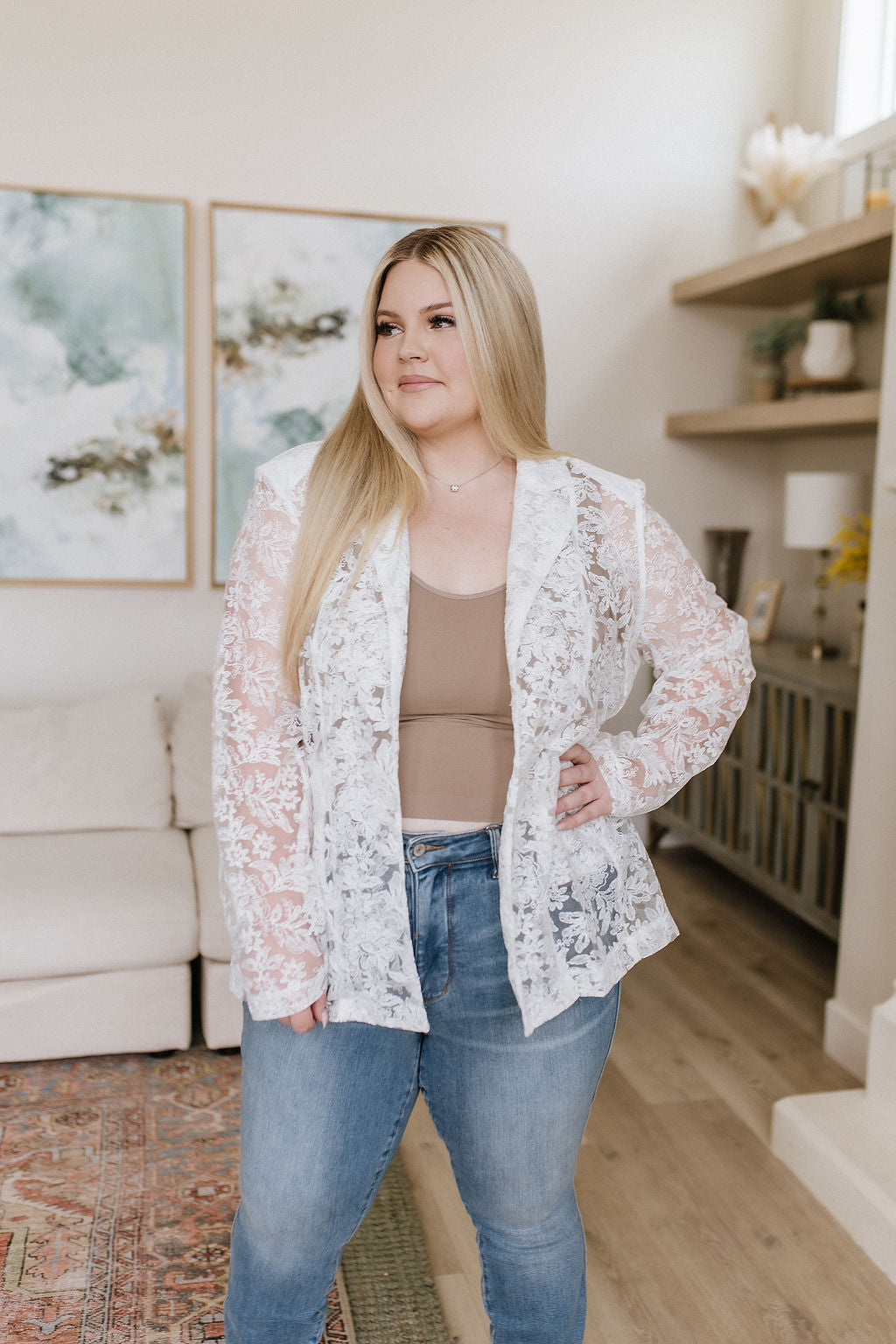 Eloquent and Elevated Lace Blazer - White Birch