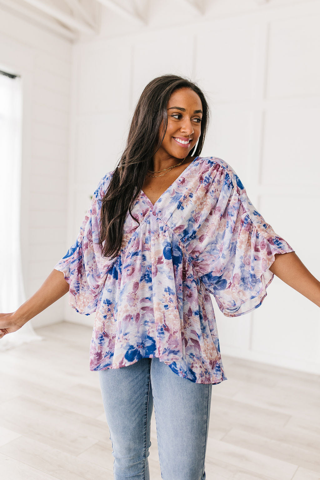 Fabled in Floral Draped Peplum Top in Blue - Jodifl