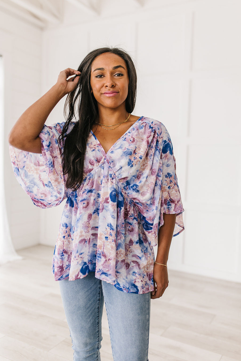 Fabled in Floral Draped Peplum Top in Blue - Jodifl