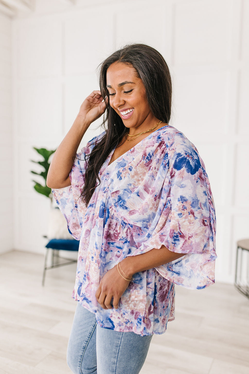 Fabled in Floral Draped Peplum Top in Blue - Jodifl