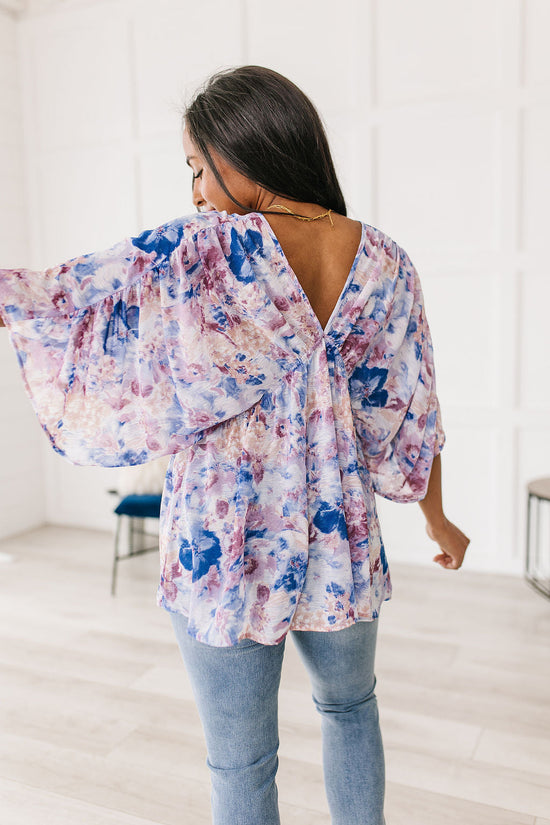 Fabled in Floral Draped Peplum Top in Blue - Jodifl