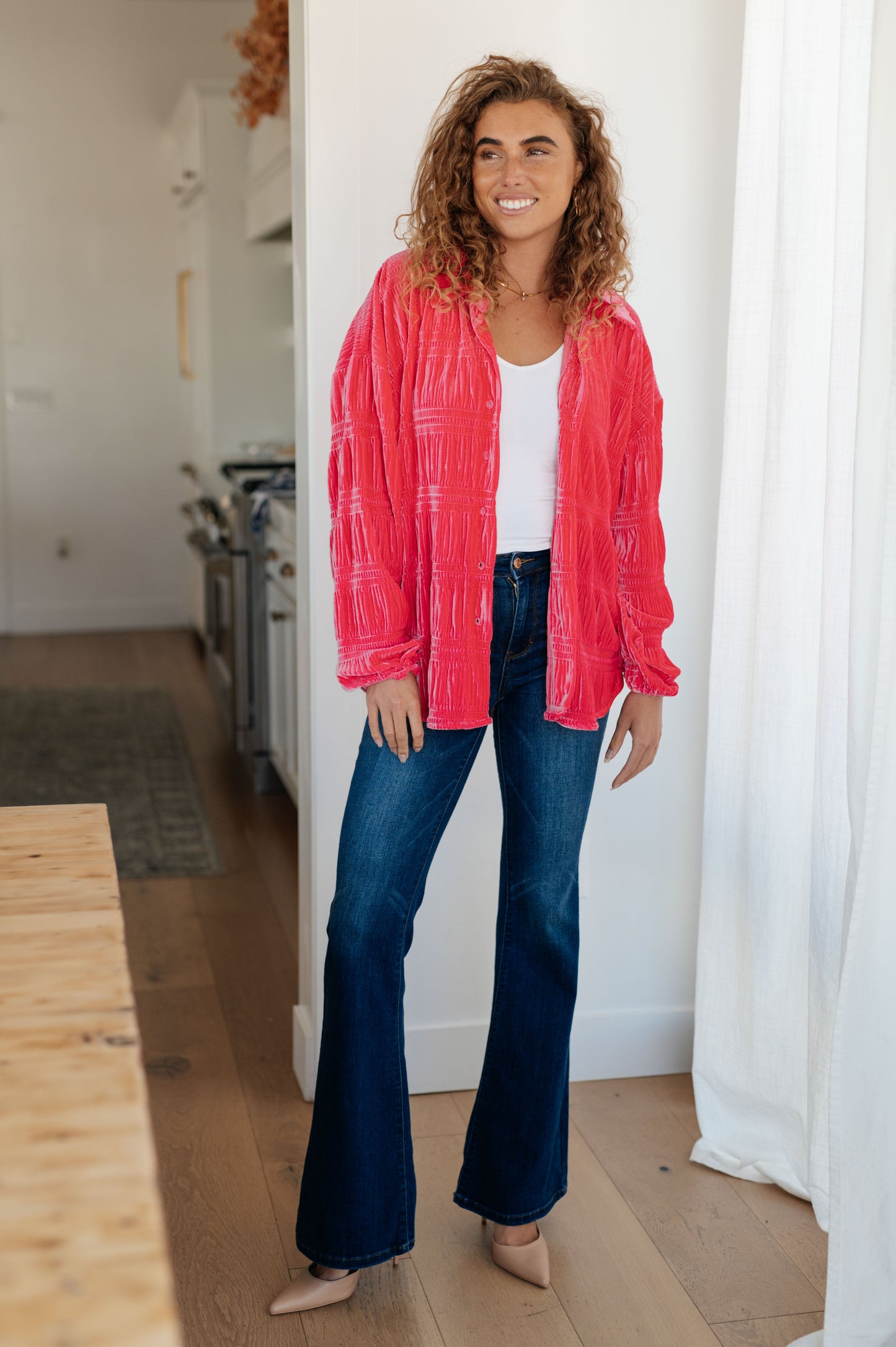 Feeling Fuchsia Velvet Button Down - White Birch