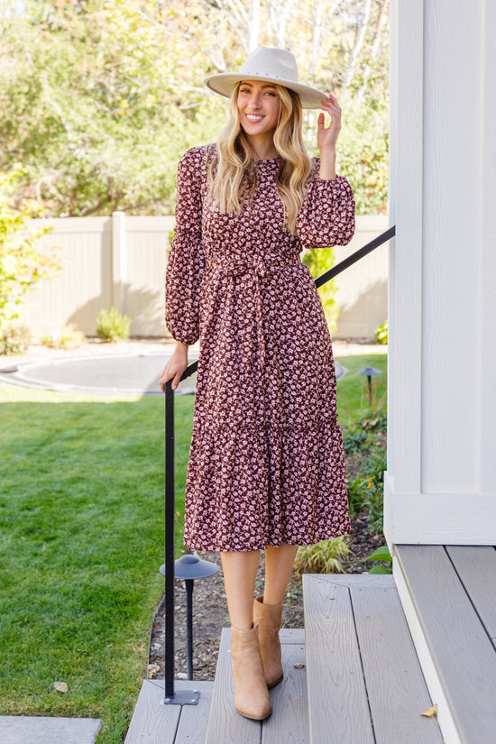 Flow With The Times Floral Midi Dress In Brown - Hayden