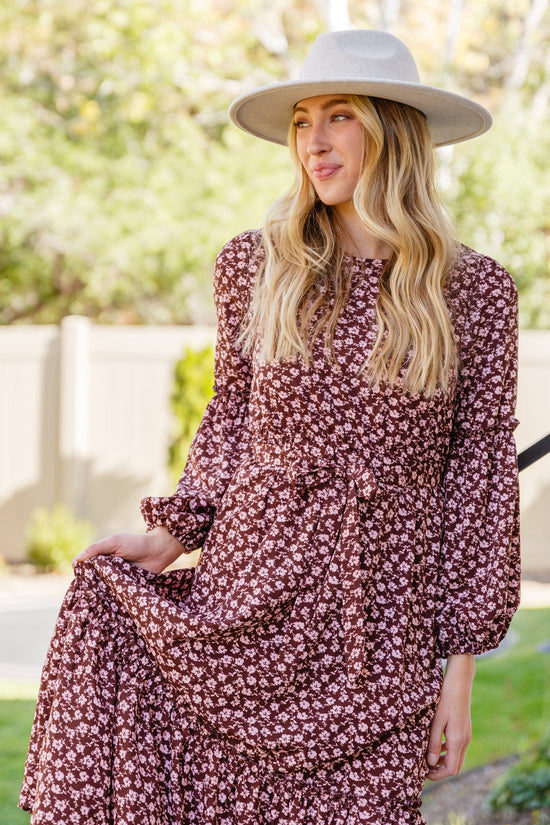 Flow With The Times Floral Midi Dress In Brown - Hayden