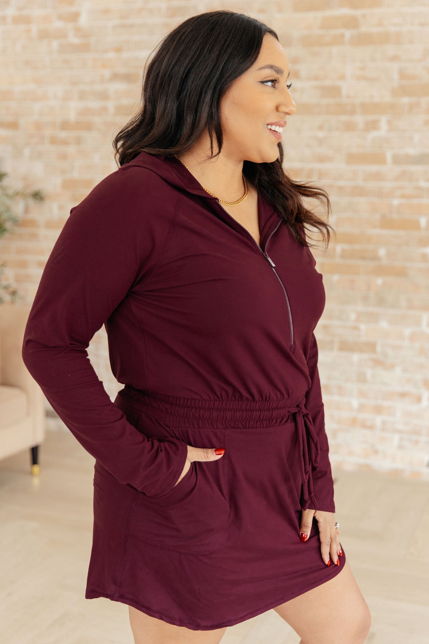 Getting Out Long Sleeve Hoodie Romper in Maroon - Rae Mode