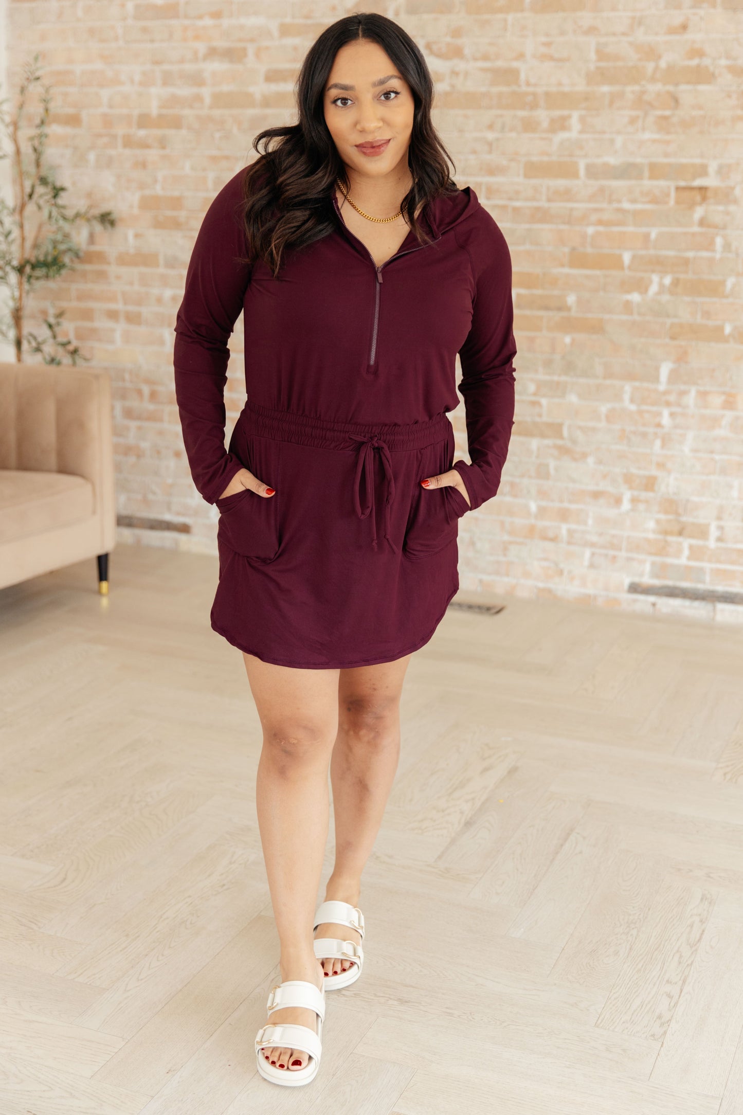 Getting Out Long Sleeve Hoodie Romper in Maroon - Rae Mode