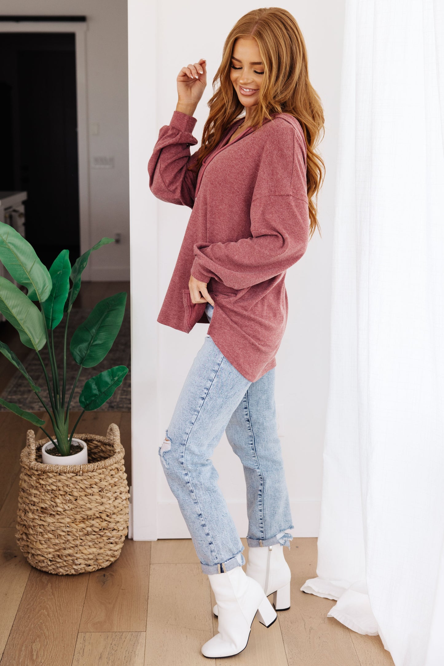 Happier Now Henley Hoodie in Burgundy - One Eleven North