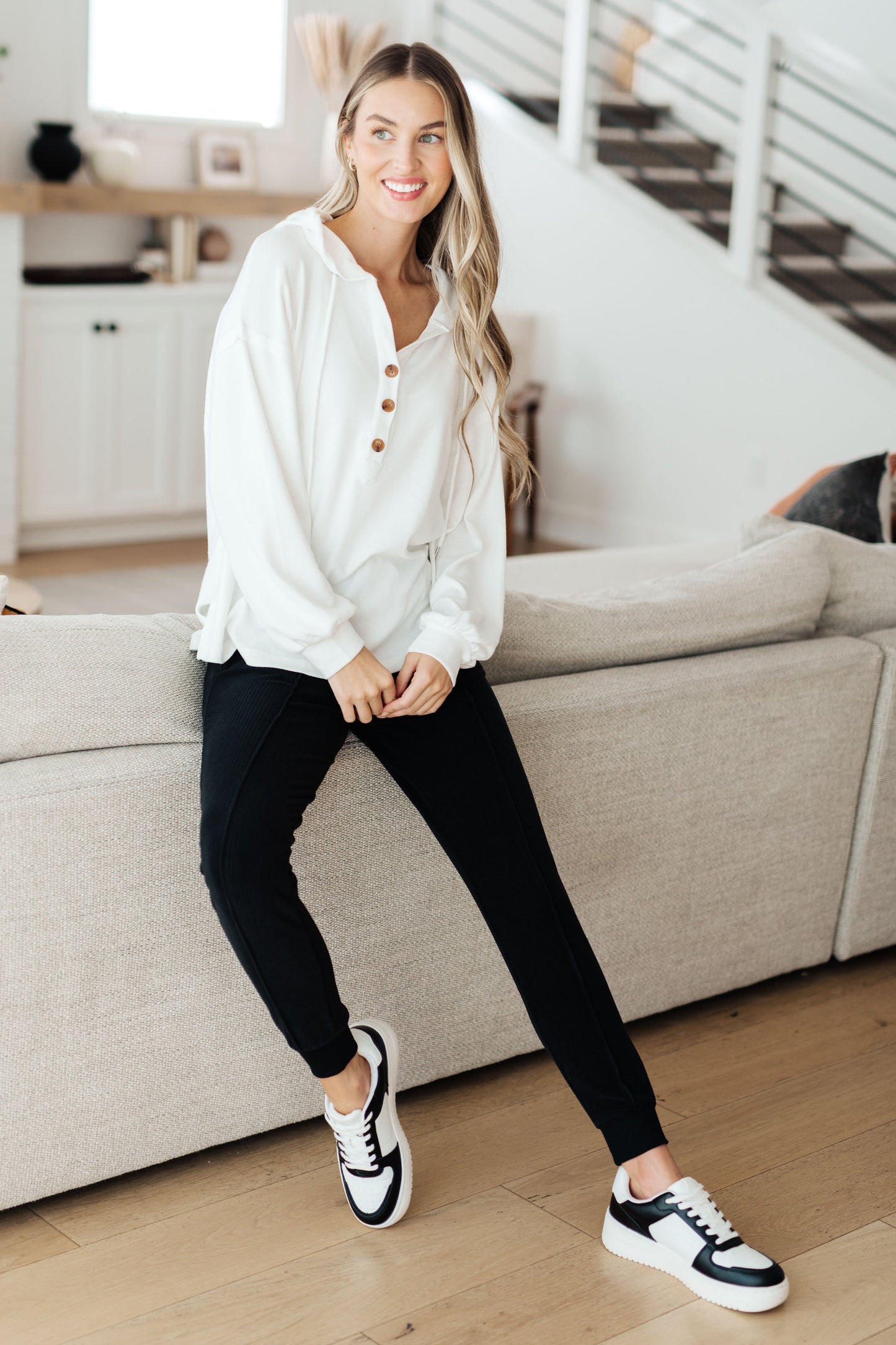 Happier Now Henley Hoodie in Ivory - One Eleven North