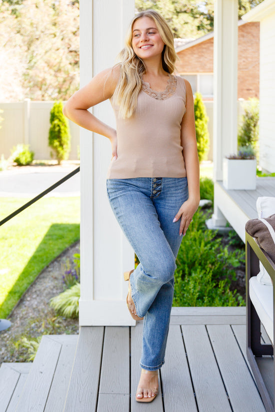 I Can Love You Better Lace Trim Tank in Taupe - Bibi