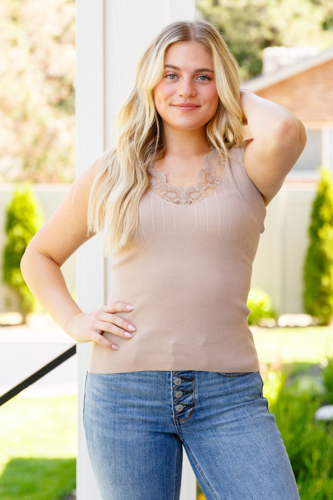 I Can Love You Better Lace Trim Tank in Taupe - Bibi