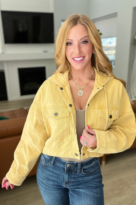 Cropped Hooded Denim Jacket in Mustard - GeeGee