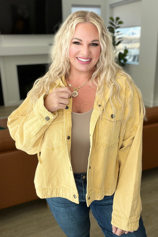 Cropped Hooded Denim Jacket in Mustard - GeeGee