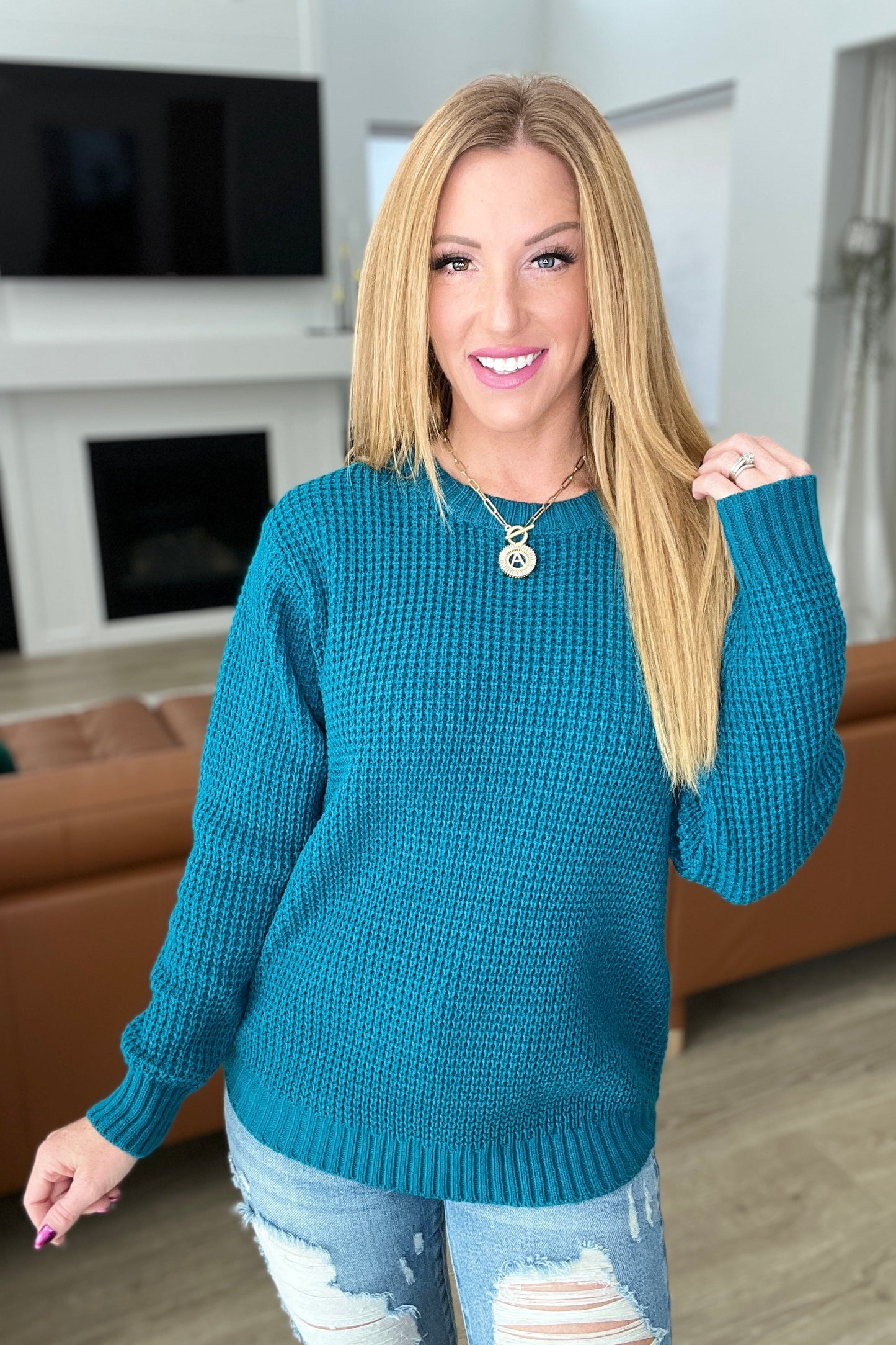 High Low Waffle Knit Sweater in Ocean Teal - Zenana