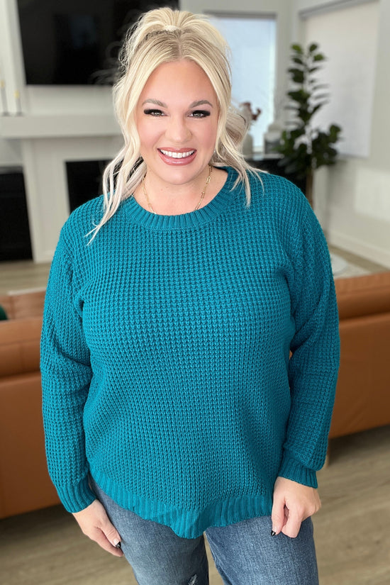 High Low Waffle Knit Sweater in Ocean Teal - Zenana