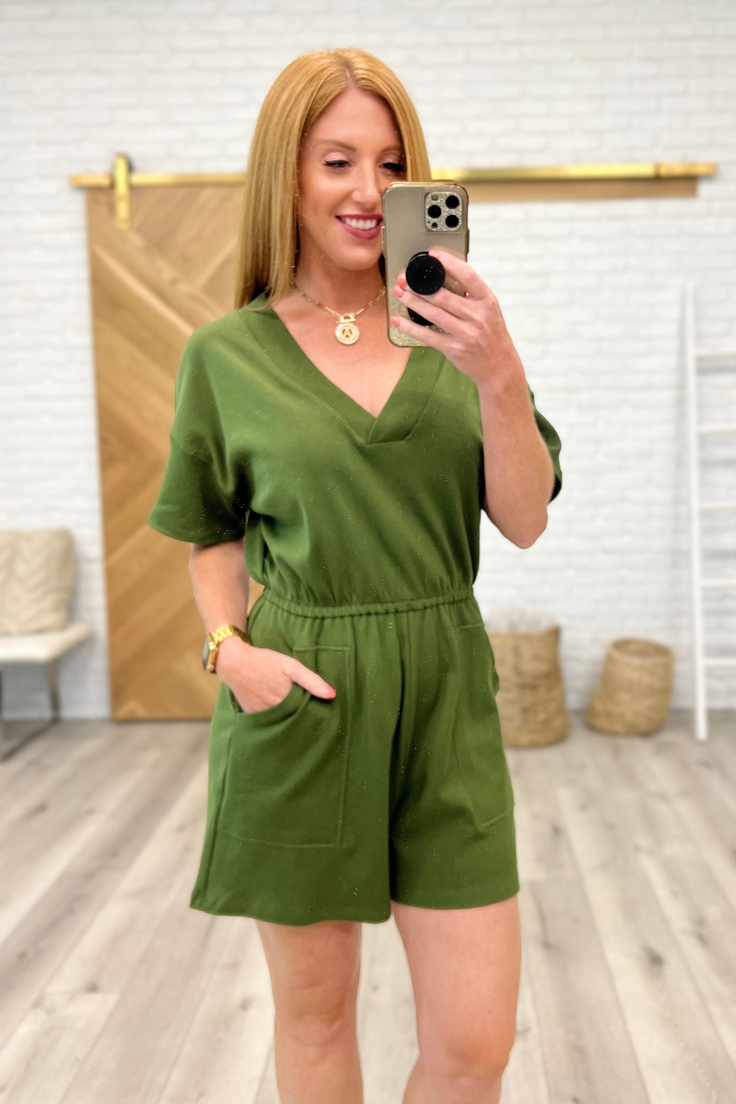 Short Sleeve V-Neck Romper in Army Green - Zenana