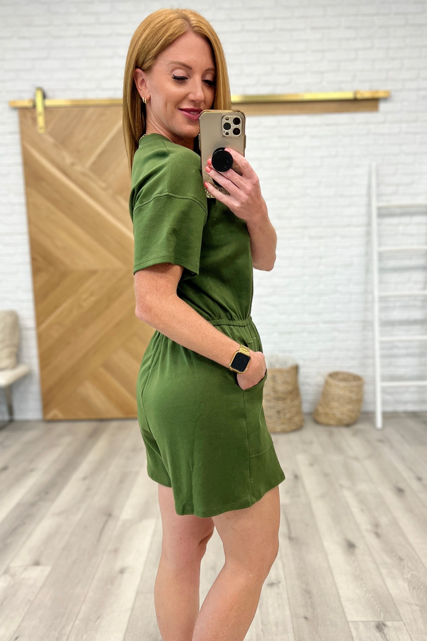 Short Sleeve V-Neck Romper in Army Green - Zenana