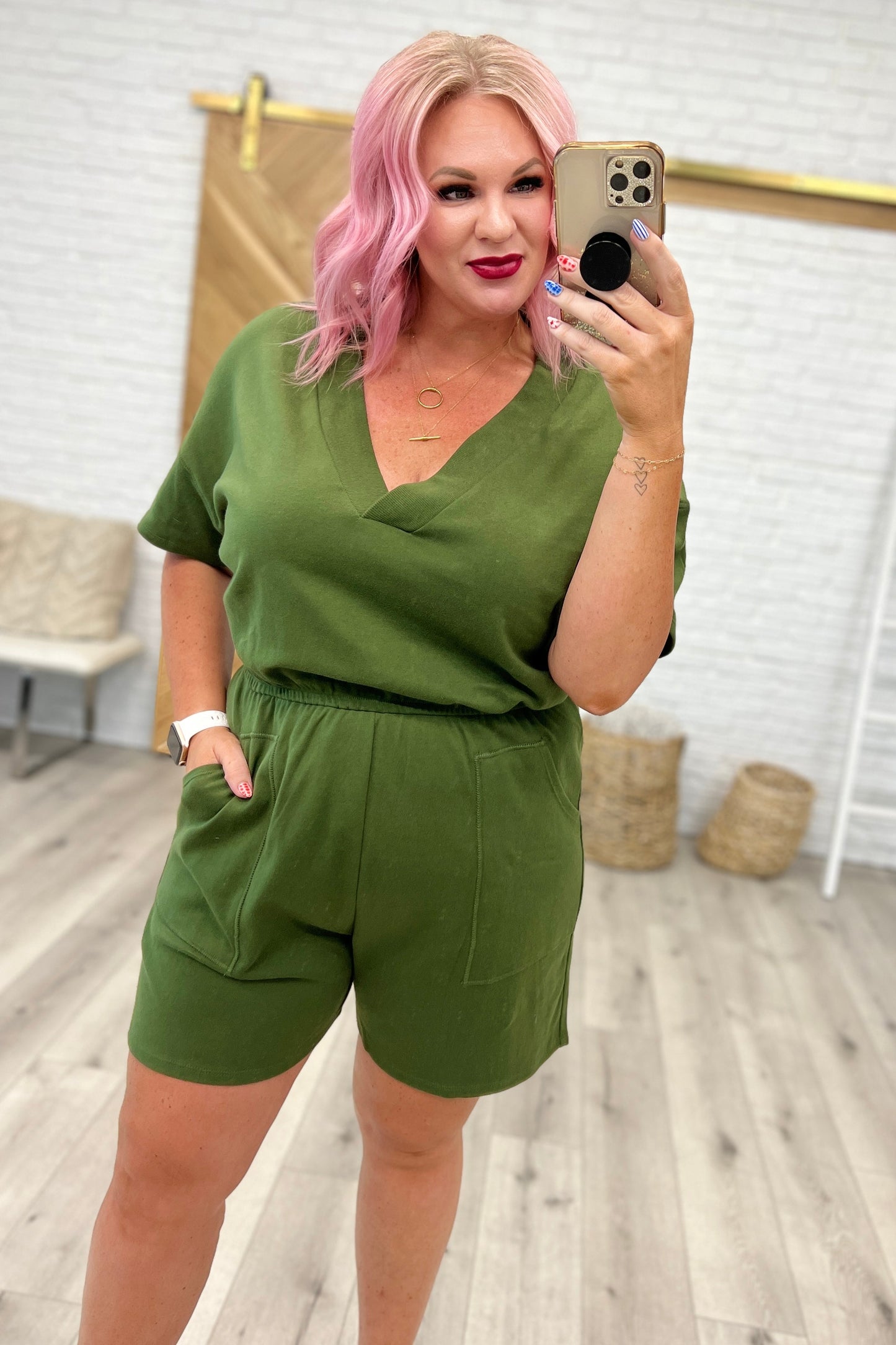 Short Sleeve V-Neck Romper in Army Green - Zenana