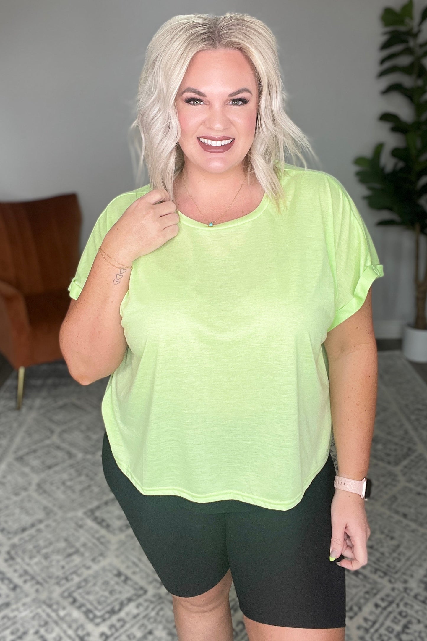 Round Neck Cuffed Sleeve Top in Lime - Sew In Love