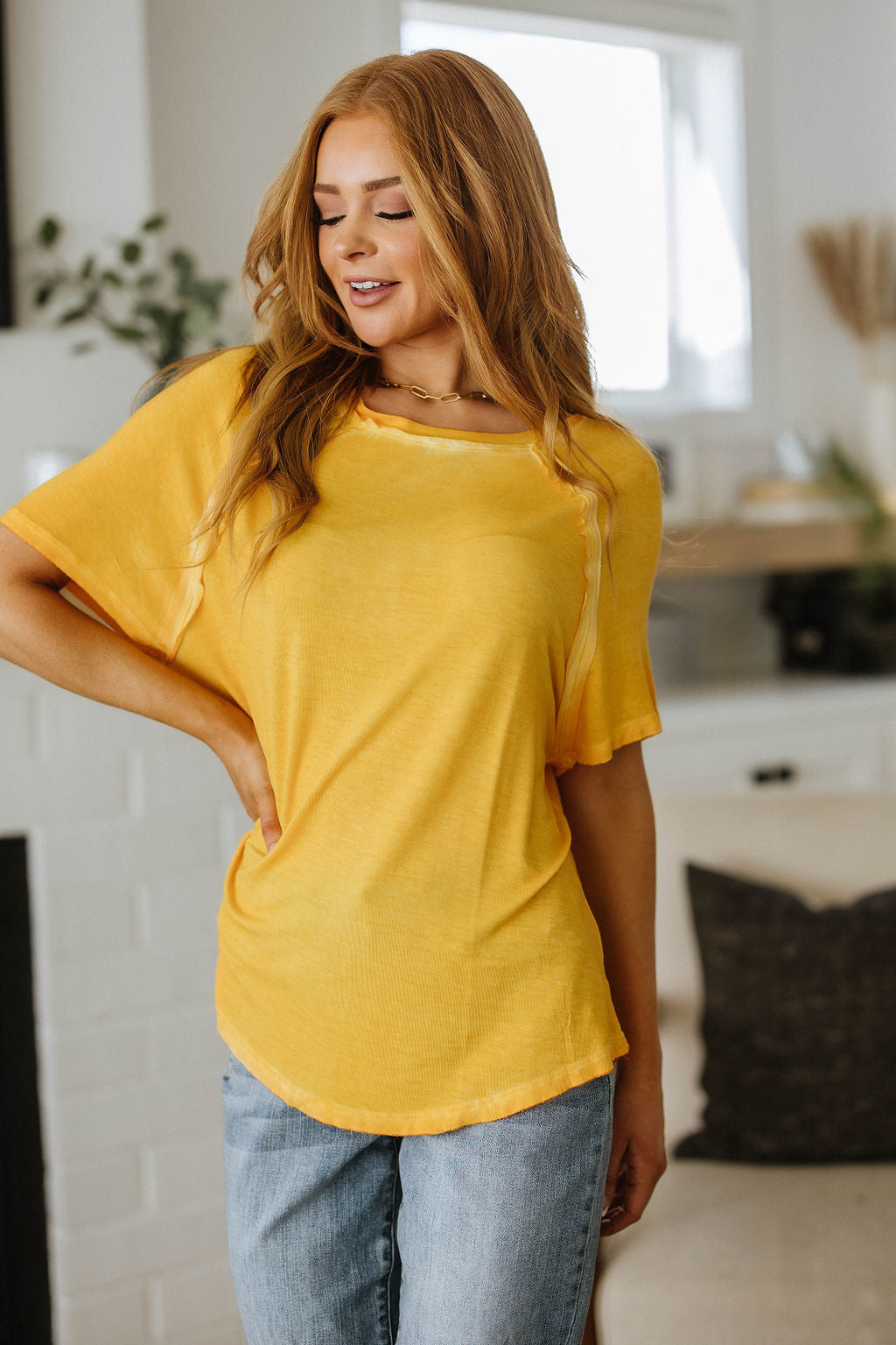 New Edition Mineral Wash T Shirt Yellow - Zenana