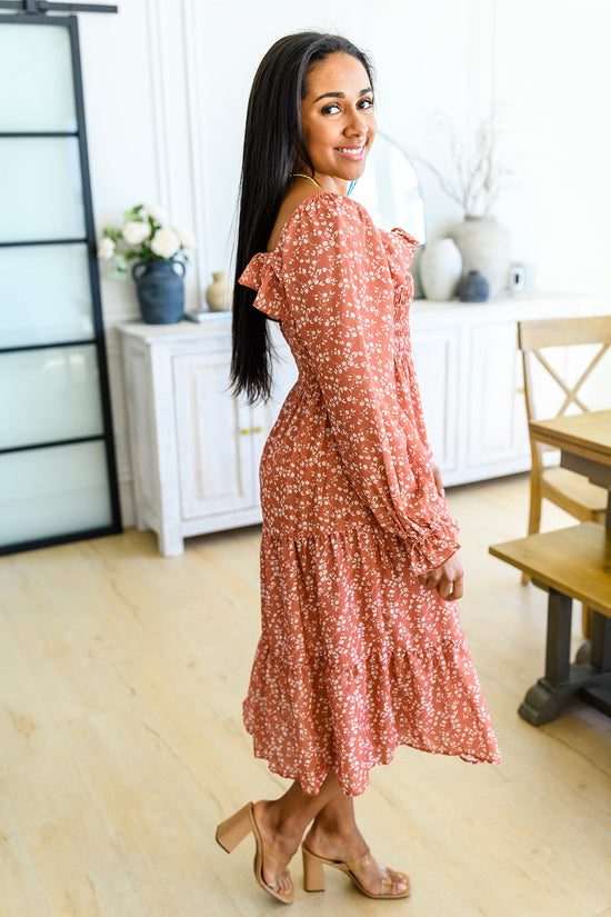 Now Is Your Chance Floral Midi Dress In Rust - Hailey & Co