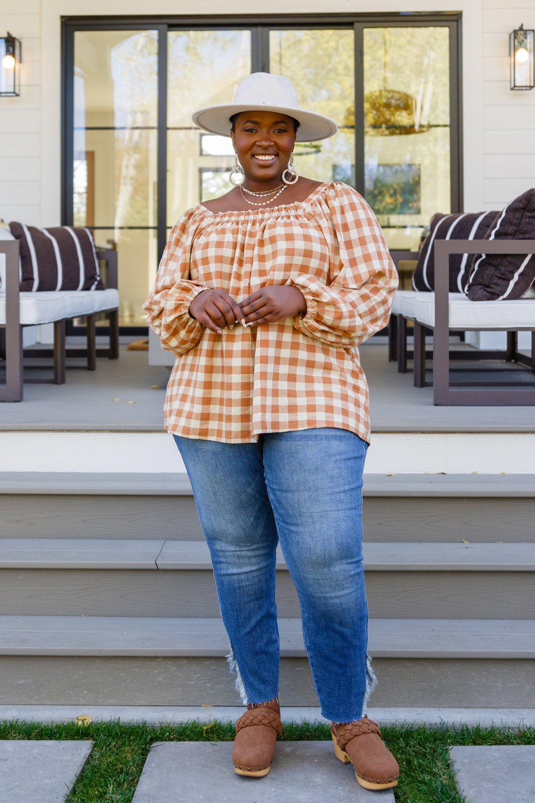 One Fine Afternoon Gingham Plaid Top In Caramel - Jodifl