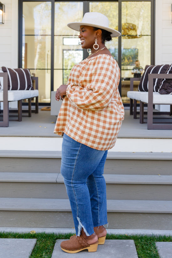 One Fine Afternoon Gingham Plaid Top In Caramel - Jodifl