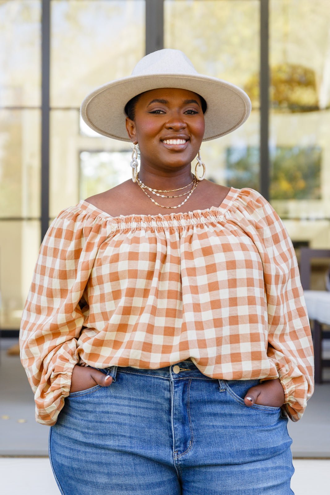 One Fine Afternoon Gingham Plaid Top In Caramel - Jodifl