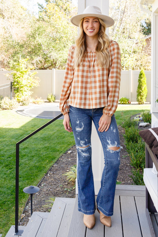 One Fine Afternoon Gingham Plaid Top In Caramel - Jodifl