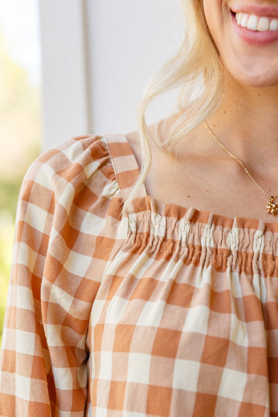 One Fine Afternoon Gingham Plaid Top In Caramel - Jodifl