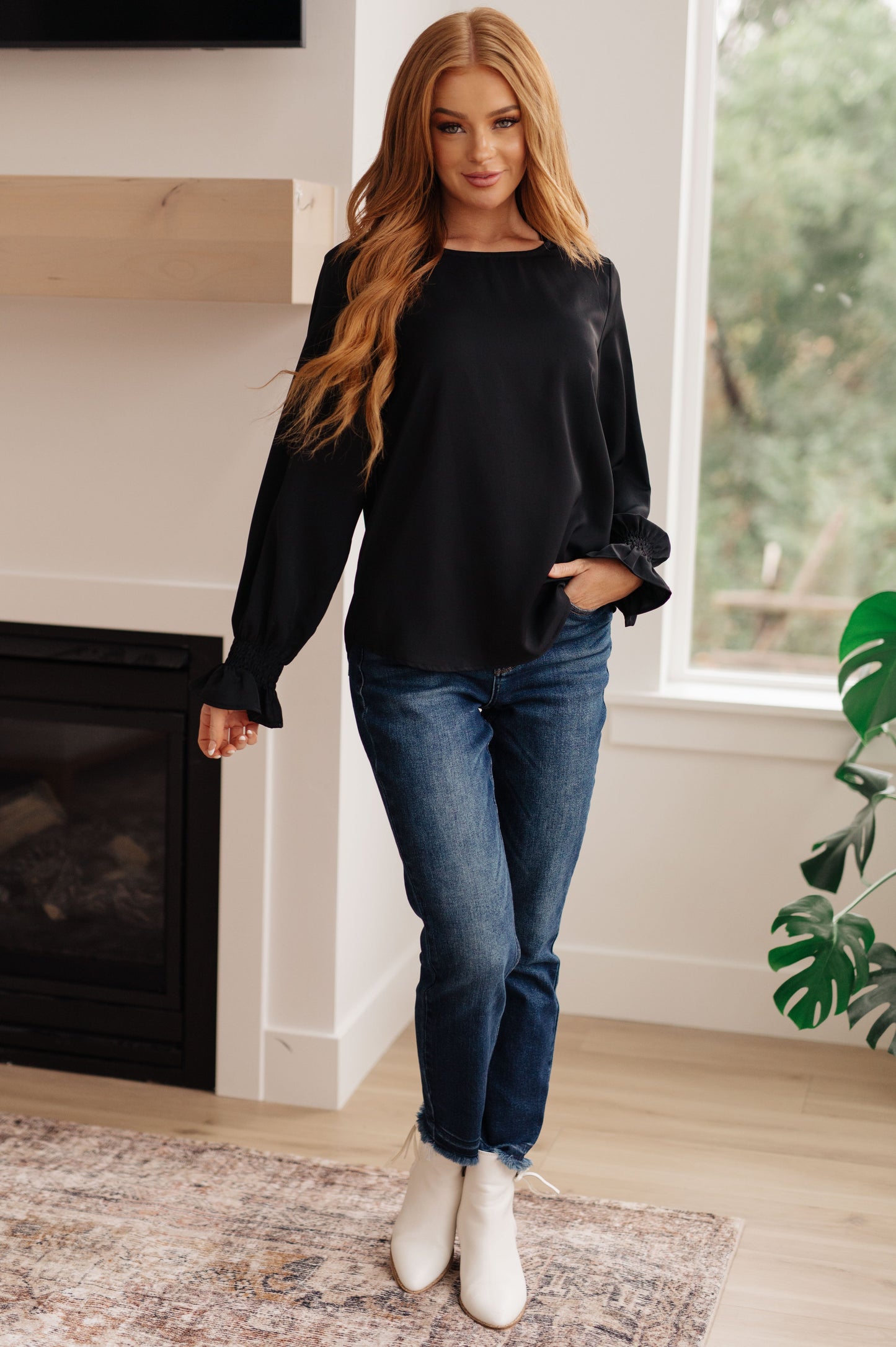 Peaceful Moments Smocked Sleeve Blouse in Black - One Eleven North