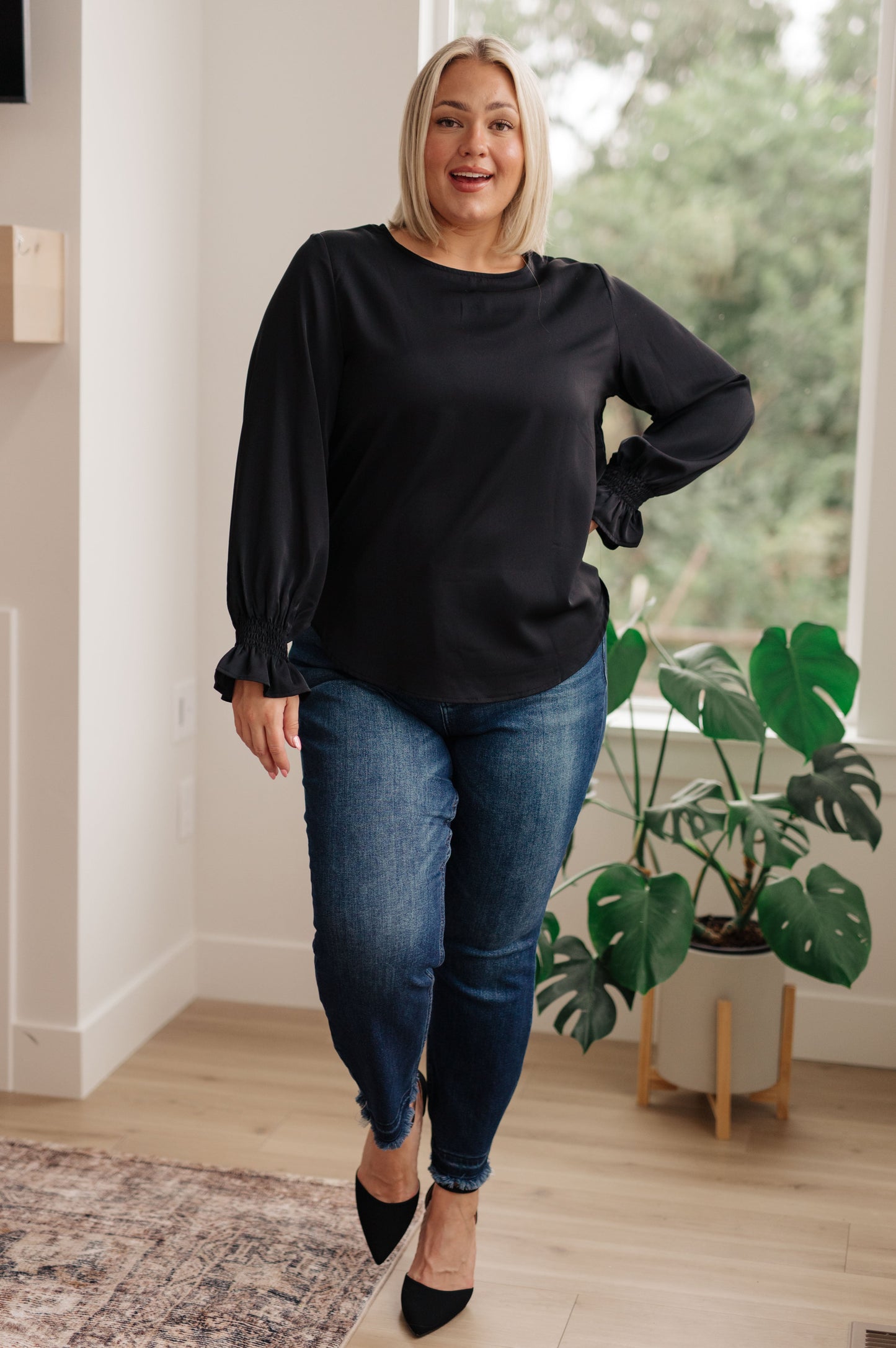 Peaceful Moments Smocked Sleeve Blouse in Black - One Eleven North