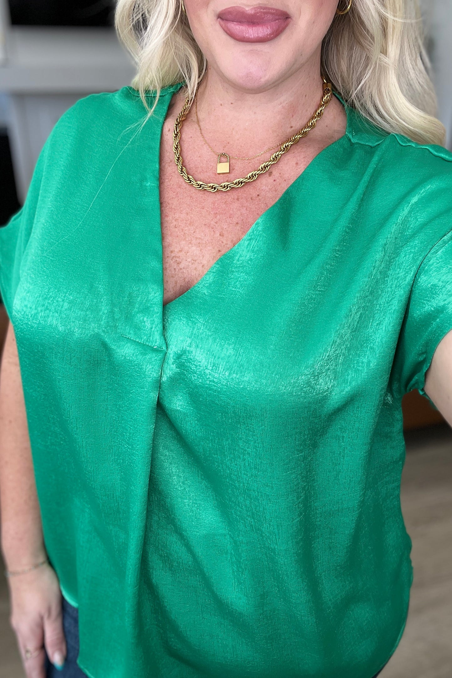 Pleat Front V-Neck Top in Kelly Green - Andree by Unit