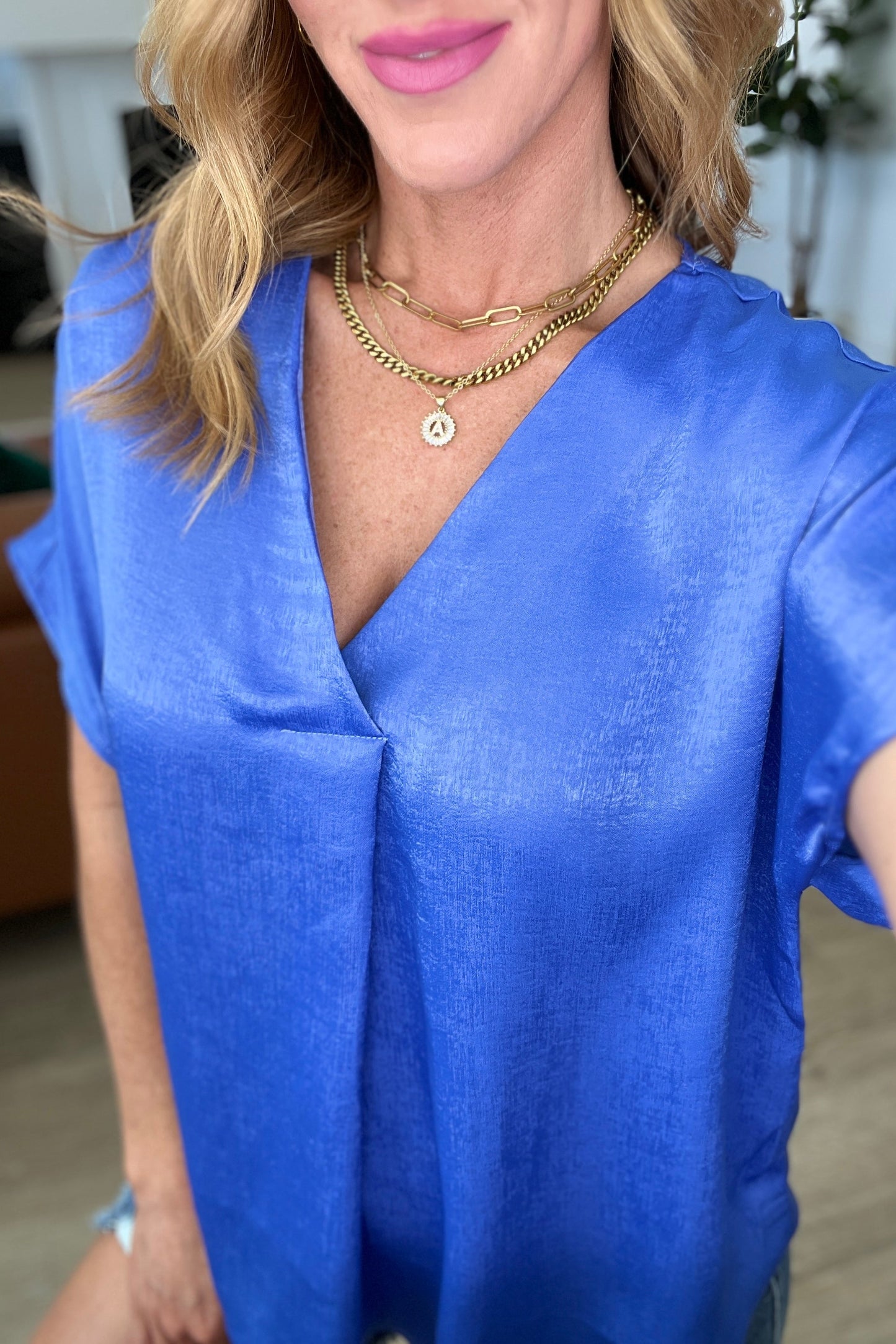 Pleat Front V-Neck Top in Royal Blue - Andree by Unit