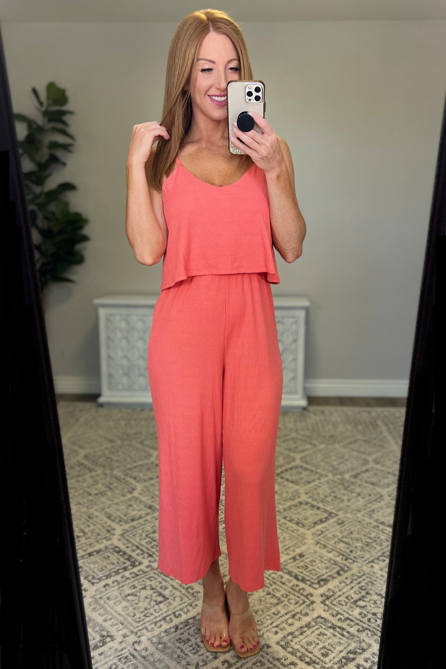 Ribbed Double Layer Jumpsuit in Deep Coral - Zenana