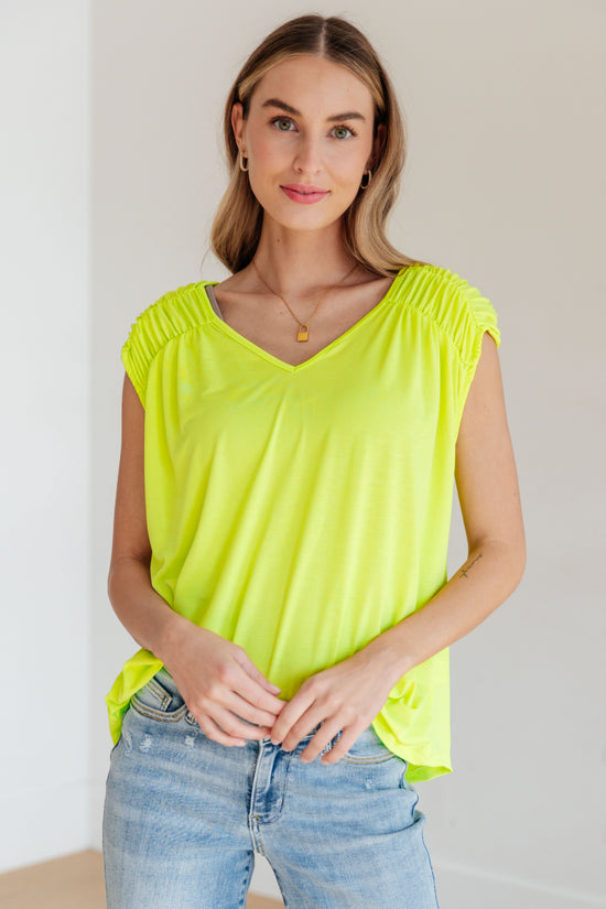 Ruched Cap Sleeve Top in Neon Green - Dear Scarlett