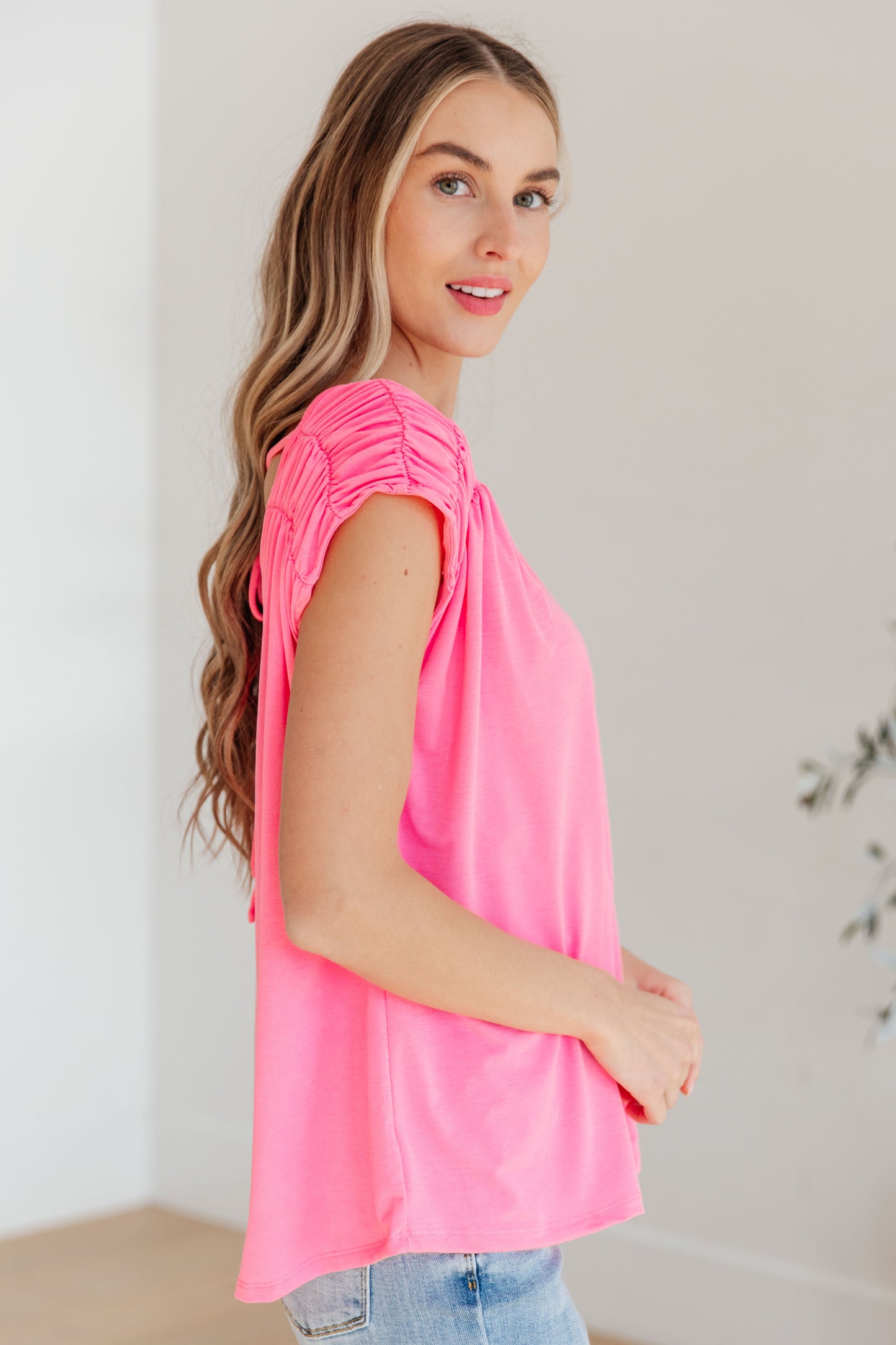 Ruched Cap Sleeve Top in Neon Pink - Dear Scarlett