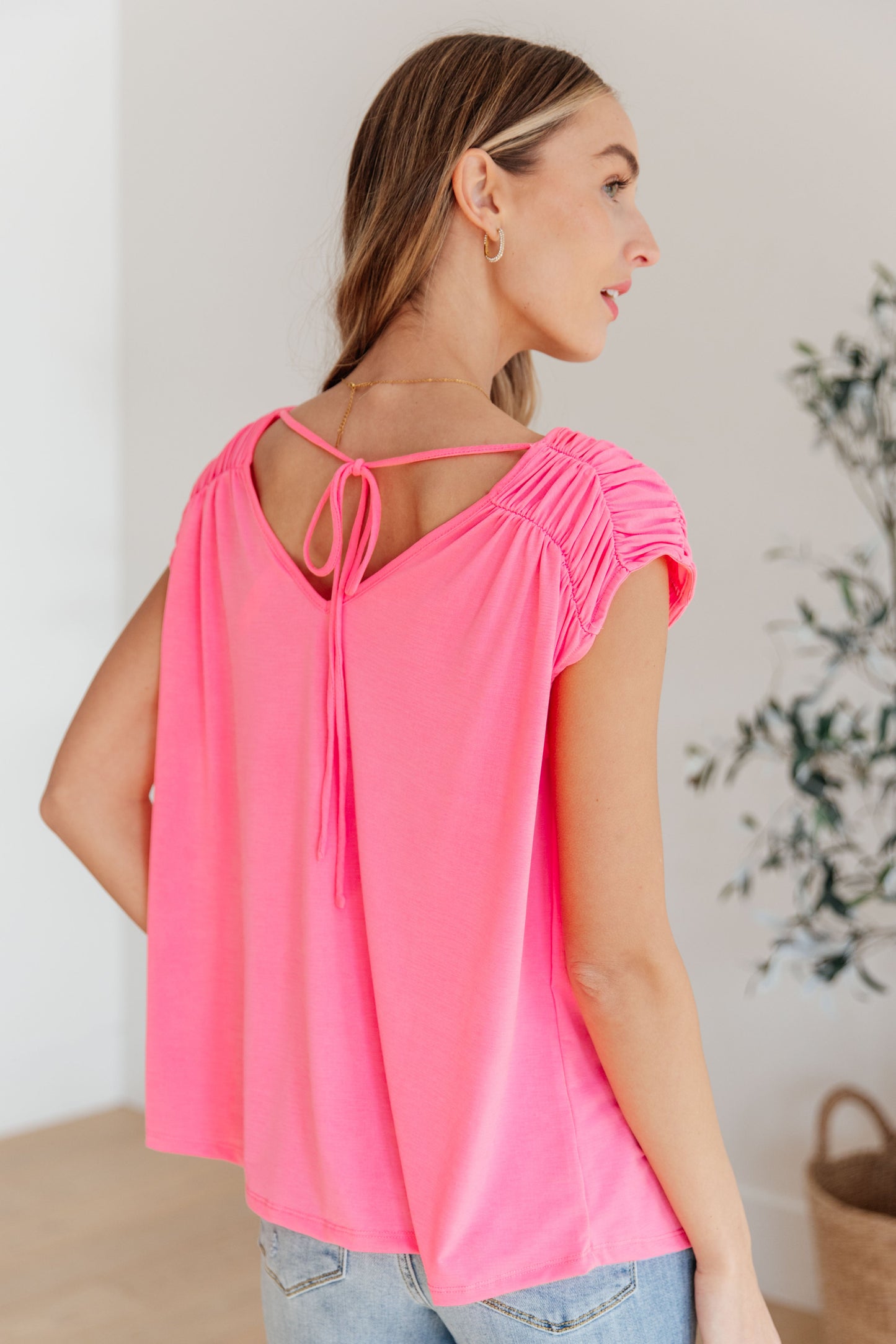 Ruched Cap Sleeve Top in Neon Pink - Dear Scarlett