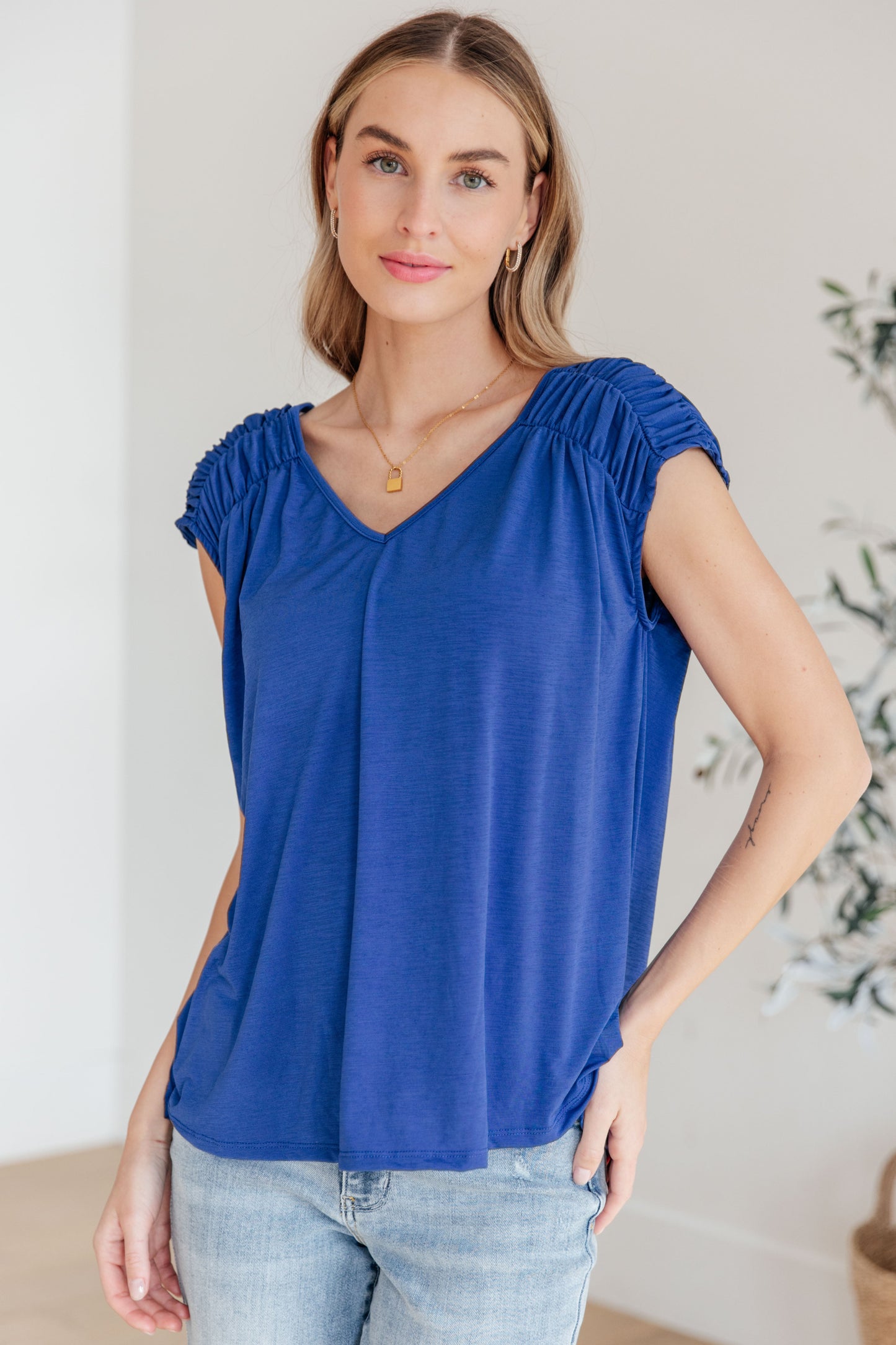 Ruched Cap Sleeve Top in Royal Blue - Dear Scarlett