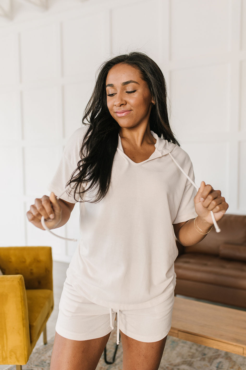 White hoodie and online short set