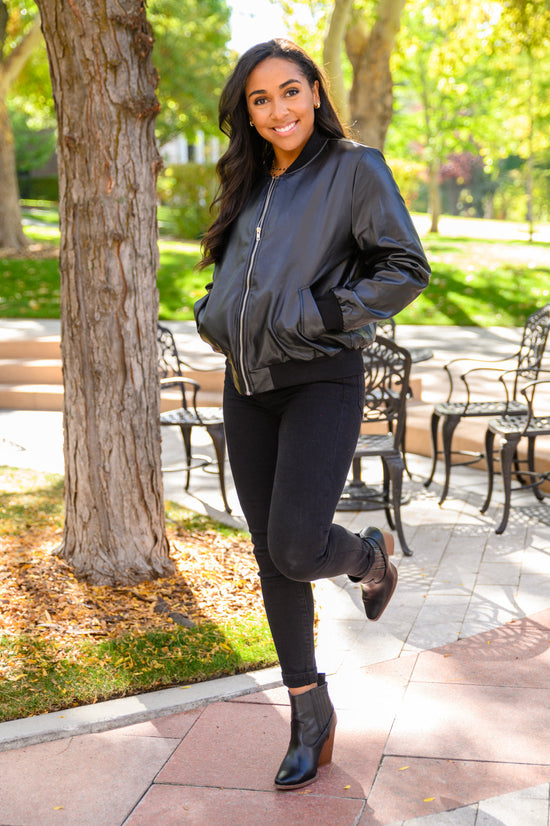 This Is It Faux Leather Bomber Jacket In Black - Mittoshop